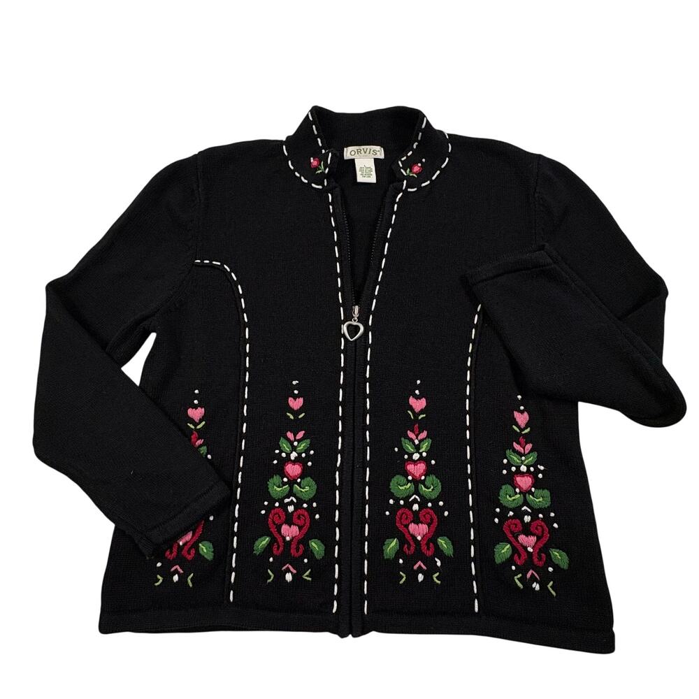 Orvis Vintage Embroidered Cardigan Sweater Women's L Black Cabincore Nordic